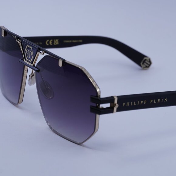 Philipp Plein SPP077M 0302 Sunglasses Black/Gold Aviator Frame, Grey Lenses - Picture 2 of 10